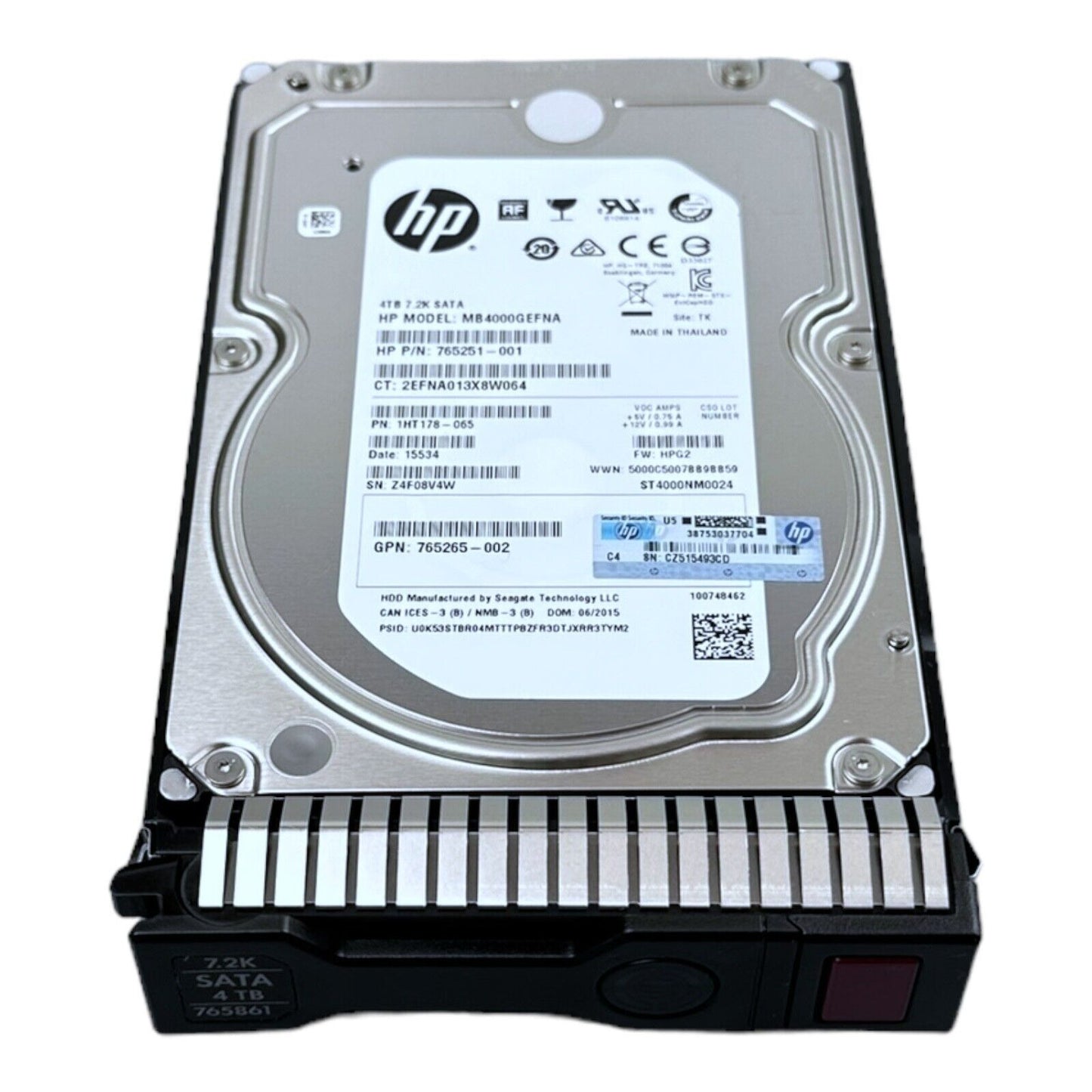 HP 4TB HDD SATA 7.2K MB4000GEFNA ST4000NM0024 765251 1HT178 765265 + Caddy
