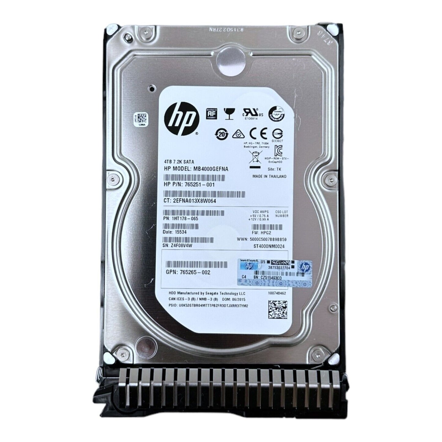 HP 4TB HDD SATA 7.2K MB4000GEFNA ST4000NM0024 765251 1HT178 765265 + Caddy