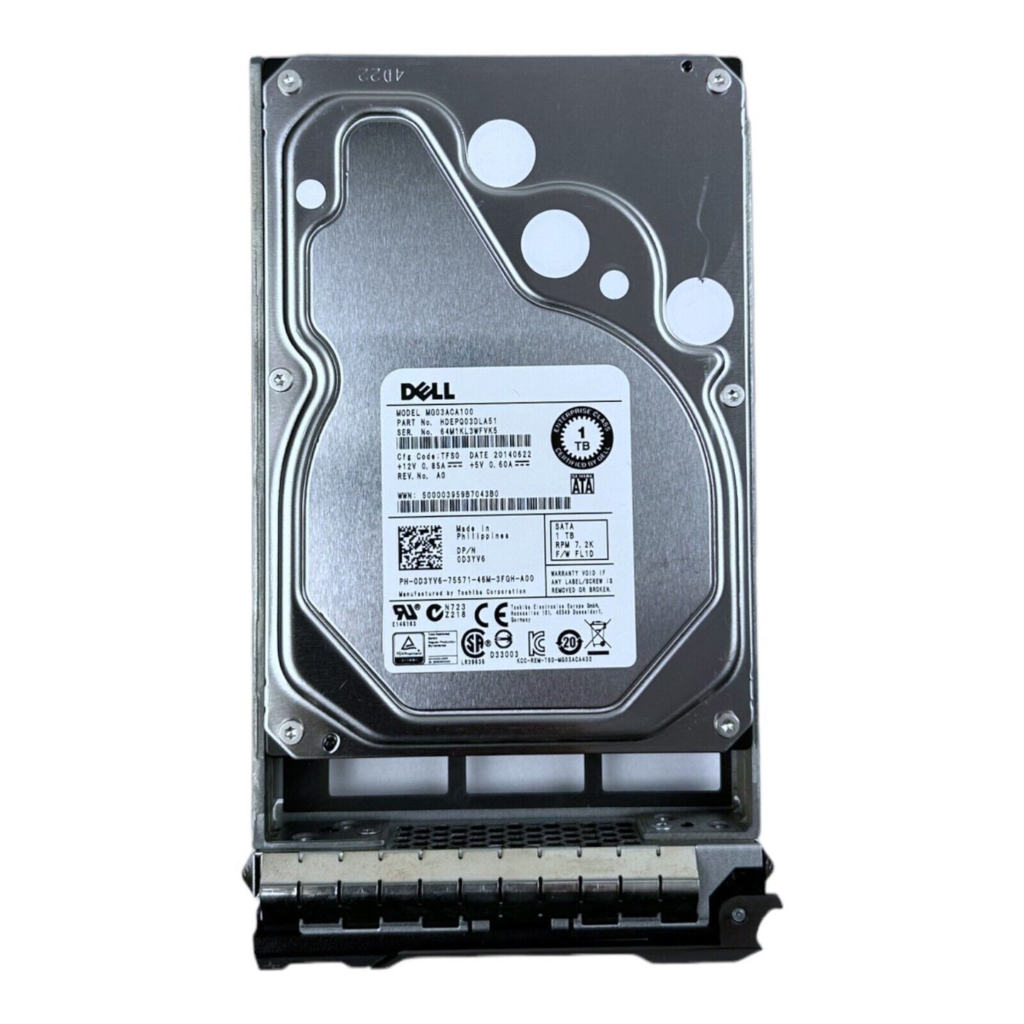 Dell 1TB HDD SATA 3.5'' 7.2K MG03ACA100 0D3YV6 HDEPQ03DLA51 + Caddy