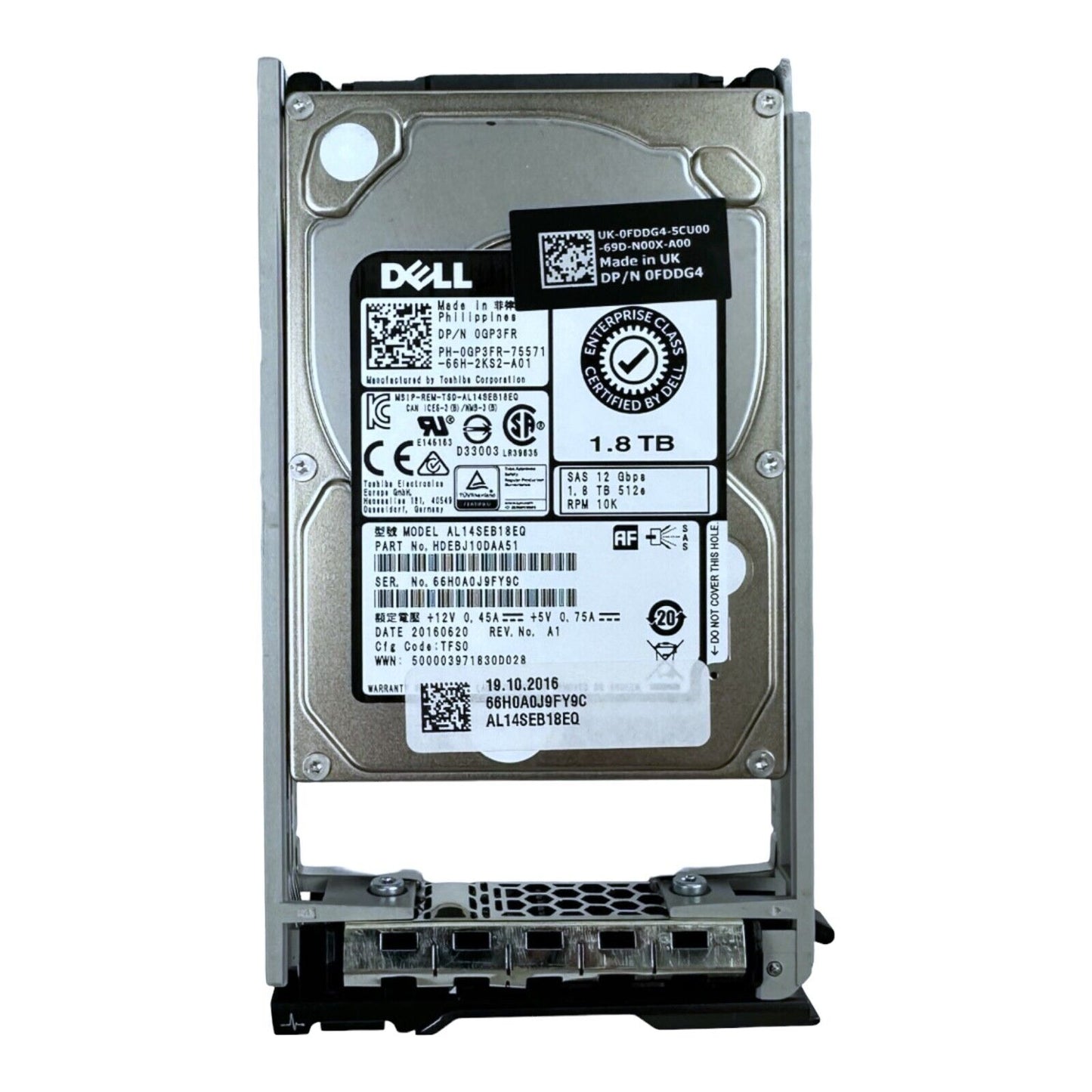 DELL 1,8TB HDD SAS 12Gbps 10K 0GP3FR AL14SEB18EQ 0FDDG4 HDEBJ10DAA51 + Caddy