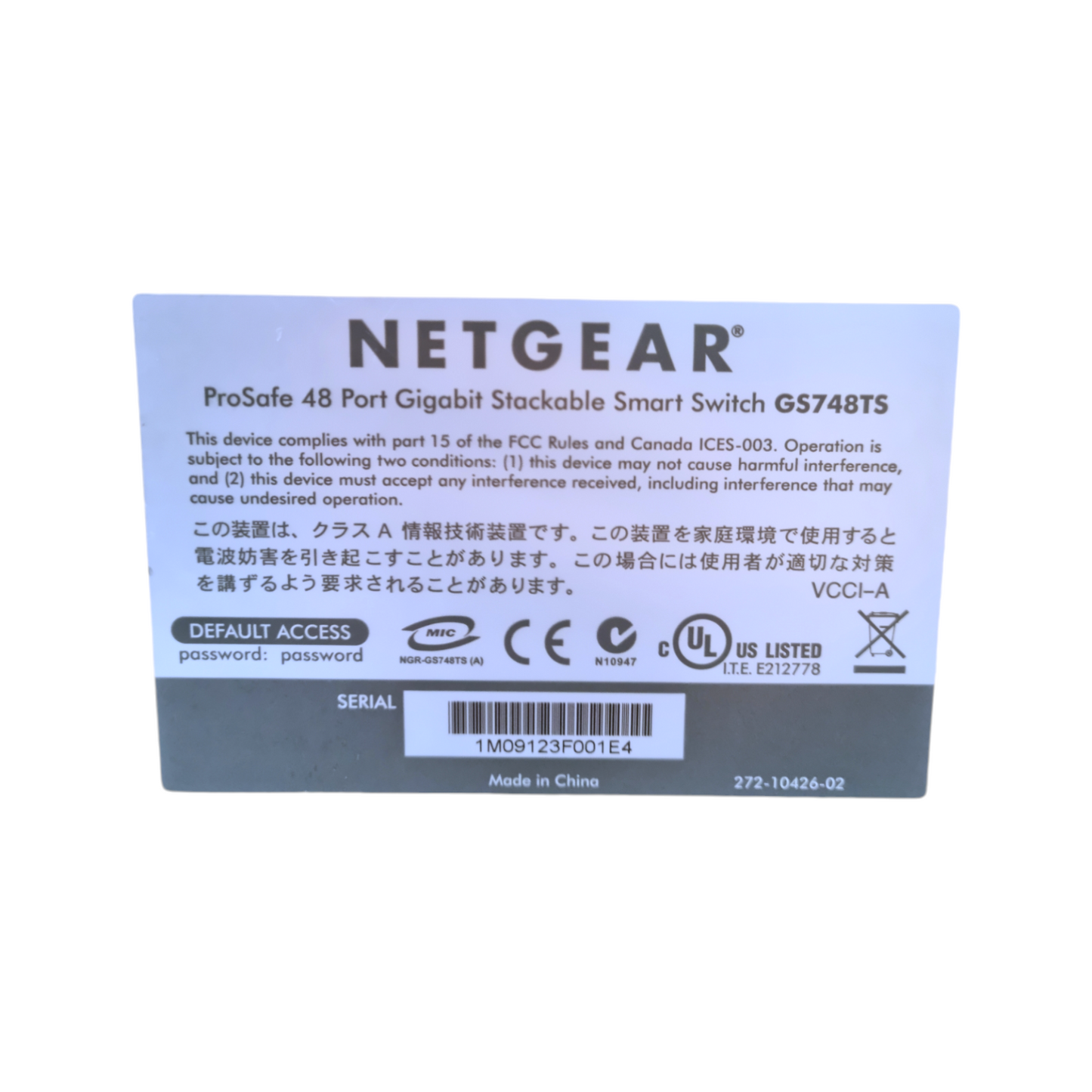 Netgear Switch ProSafe GS748TS V1H1 48Ports 1000Mbits 4Ports Combo SFP 1000Mbits
