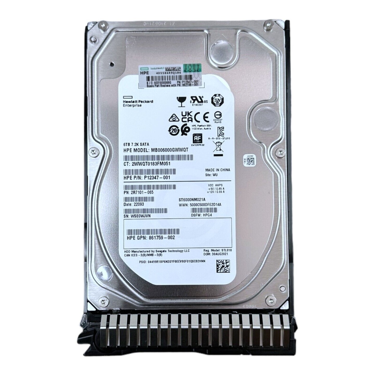 HPE 6TB HDD SATA 7.2K MB006000GWWQT  P12347  ST6000NM021A  2R7101  861759 +Caddy