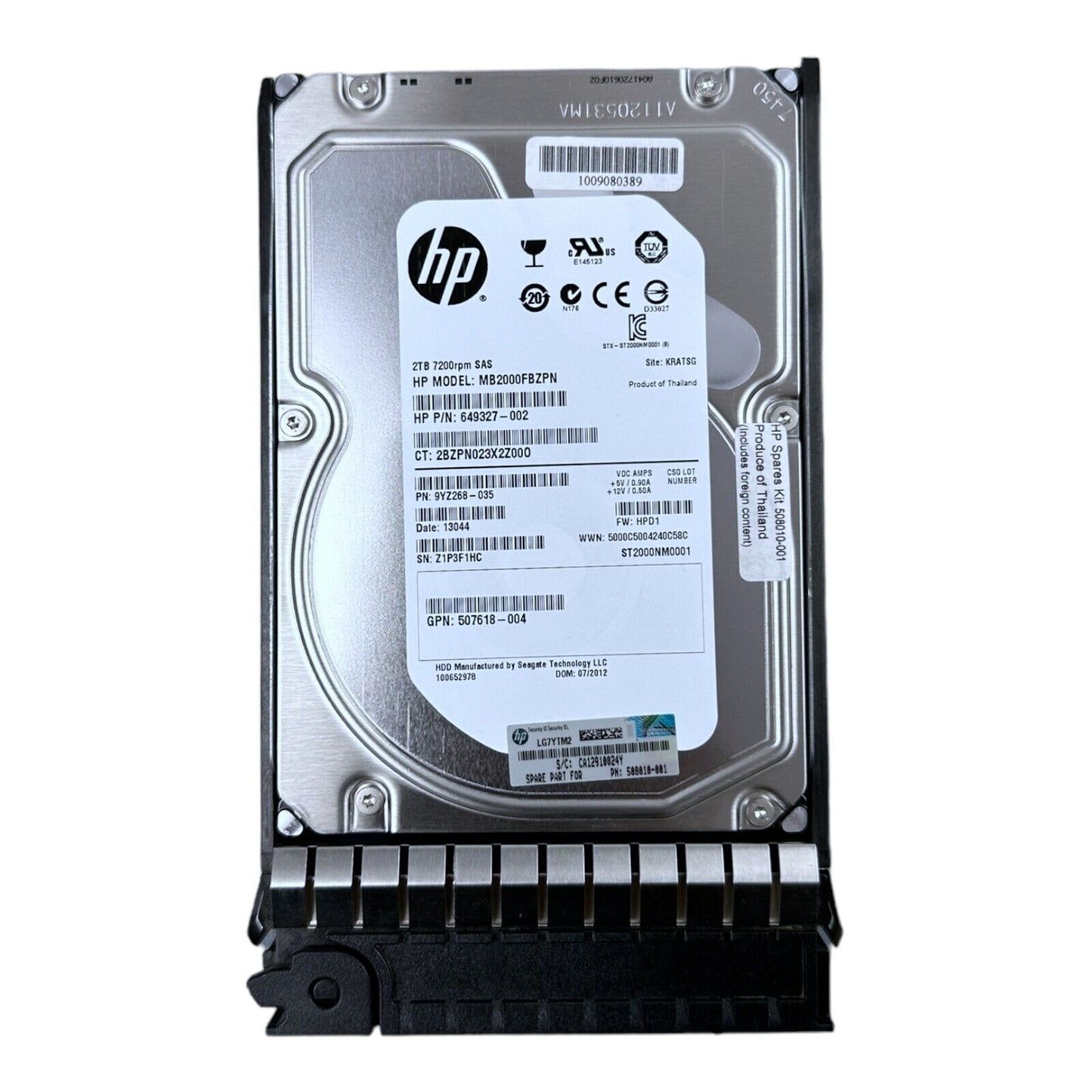 HP 2TB 3,5" HDD SAS 7.2K MB2000FBZPN  ST2000NM0001  649327 9YZ268  507618 +Caddy