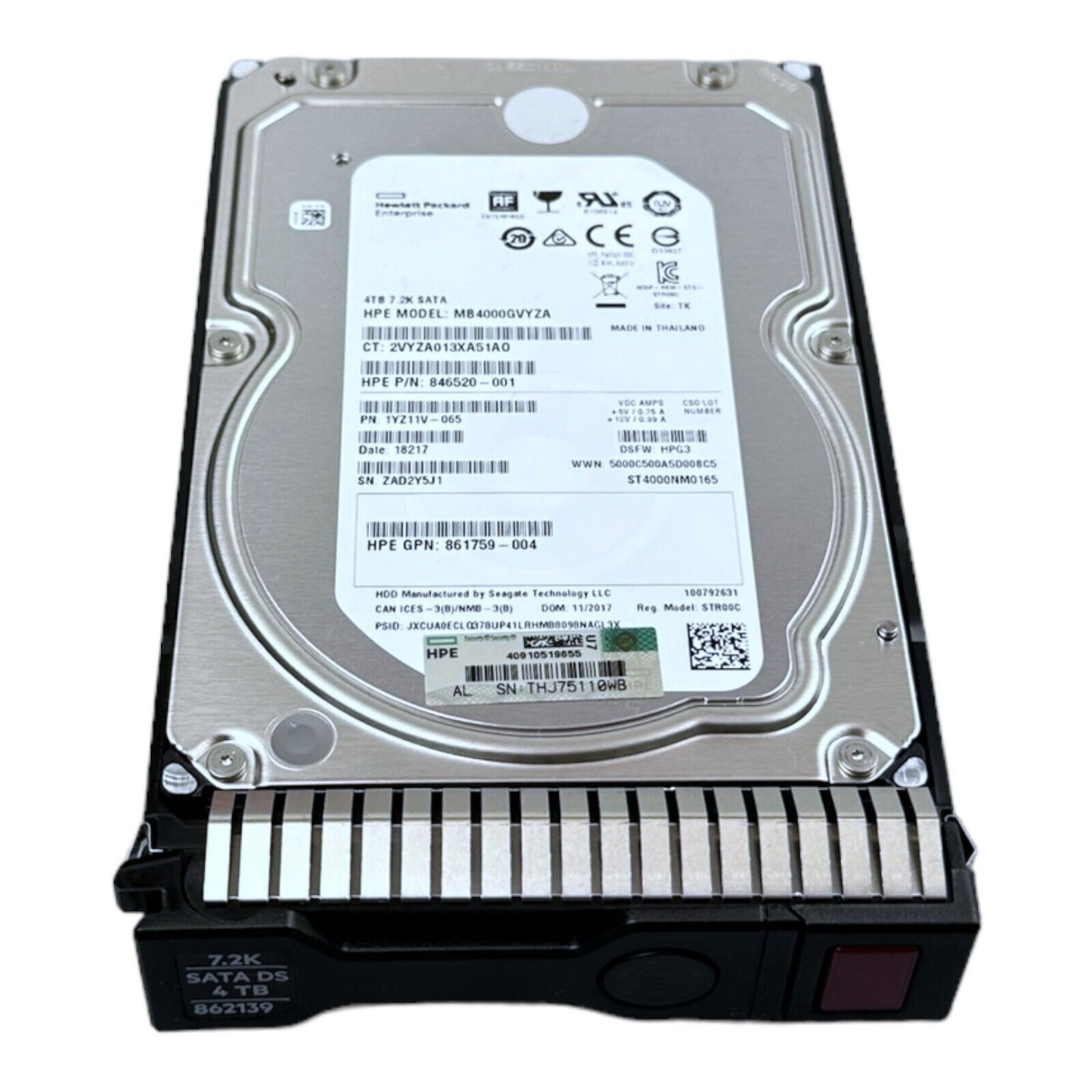 HP 4TB HDD SATA 7.2K MB4000GVYZA  846520  ST4000NM0165  1YZ11V  861759 + Caddy